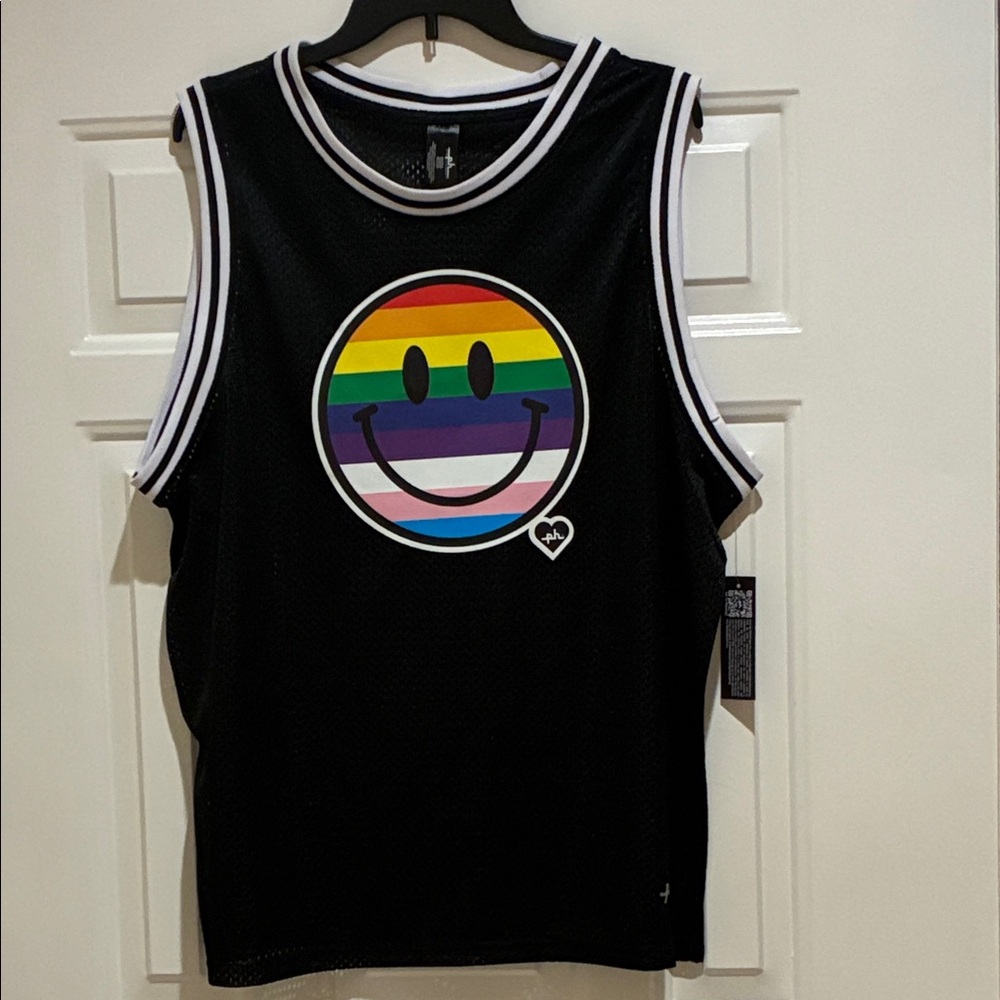 The Phluid project Black unisex Tank Top with Rainbow Smiley Face Jersey